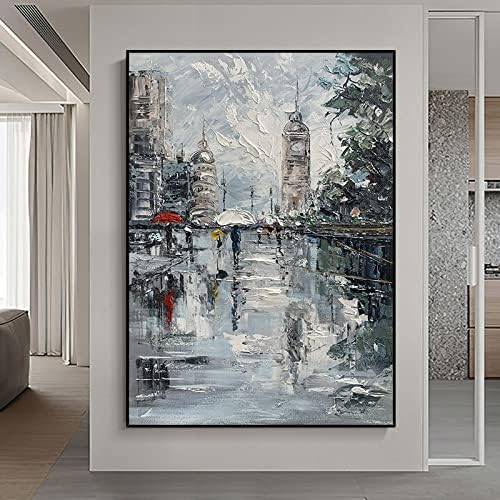 ציור שמן מצויר ביד-רחוב פריז-מודרני גשם אור אור יוקרה בשחור לבן-מרקם סלון ספה עבה רקע ציור דקורטיבי מרפסת מרפסת תלויה מסעדת ציור, כמוצג, 27x3