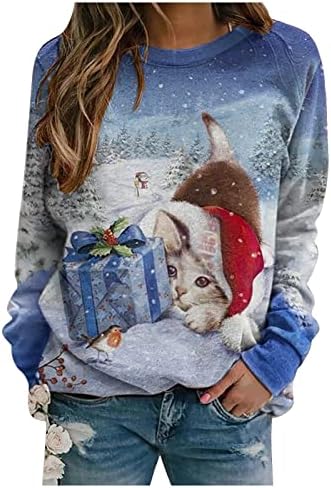 סוודר חג המולד המכוער של נשים הדפס אופנה מזדמן שרוול ארוך שרוול אקדח סוודר קפוצ'ונים עליונים סוודר