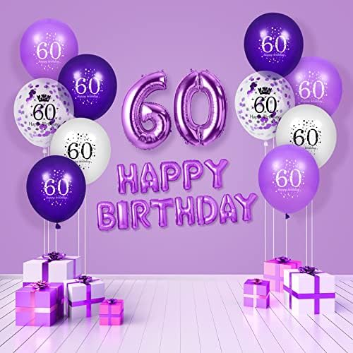 קישוטי בלוני יום הולדת סגולים 60, 16 יחידות סגול לבן יום הולדת 60 שמח בלוני לטקס קונפטי לנשים גברים יום הולדת שמח יום נישואין ספקי צד חיצוניים מקורה, 12 אינץ