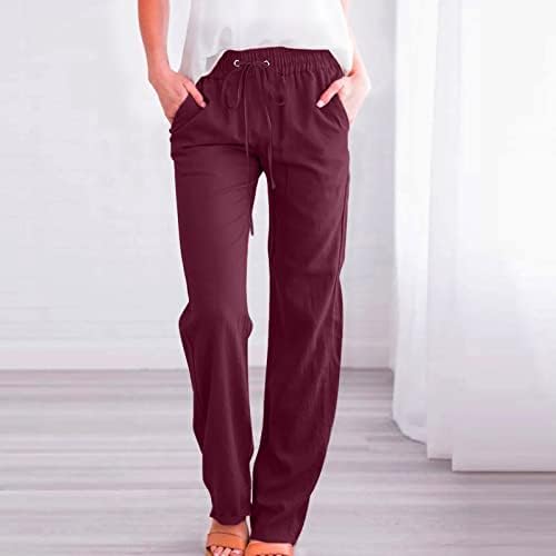 מכנסי פשתן כותנה מזדמנים קיץ לנשים מכנסי רגל רחבים עם כיסים רופפים בכושר טהור צבע מכנסי רגל ישר מכנסי חוף
