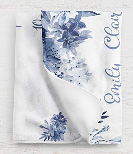 צבעי פרחים כחולים ואפורים - אבן דרך שמיכה לתינוק - w/שם - מינקי 50 x 60