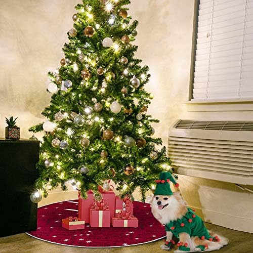 חצאית עץ חג המולד מרחק, 30 אינץ 'חצאית עץ חג המולד אדומה עם אותיות שחורות ודפסת פתיתי שלג לבנים, קישוט לחג חג המולד ביתי