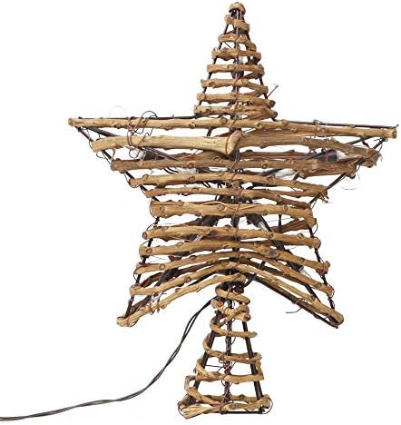 דר דודו טופר עץ חג המולד, 9.4 x 12 טבעי ראטאן טופר עץ כוכב חג המולד עם 10 נורות LED, כוכב עץ חג המולד כפרי טופר עץ חג המולד קישוט קישוט