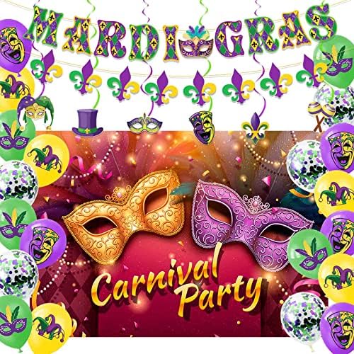 קישוטים של Ircor Mardi Gras למסיבה עם בלוני רקע באנר ועיצוב תלוי