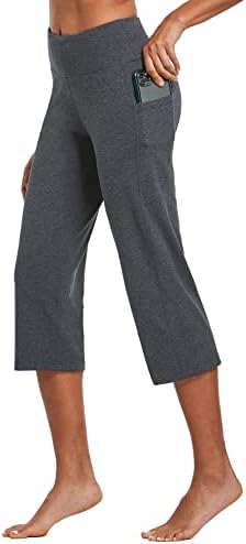 יוגה מכנסיים לנשים קאפריס גבוהה מותן חותלות עם כיסים רחב רגל תרגיל אימון יבול ישר פתוח תחתון