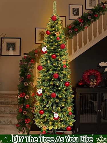 Turnmeon 6.5 ft מקדים קישוט עץ חג המולד 8 מצבים 180 LED אורות חמים אורות חמים תקע 680 טיפים ענפים צירים עיפרון רזה עץ עץ עץ עץ מתכת עמדת חג המולד עיצוב חיצוני מקורה