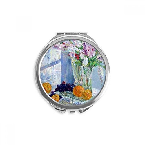עדיין חיים ציור אגרטל פרח ענבים יד קומפקטי מראה עגול נייד כיס זכוכית