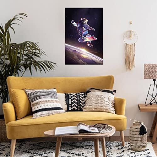 פוסטר ספייסמן מגניב כוכבי שמים קיר קיר קיר אמנות לא ממוסגרת אסטרונאוט על תמונת הדפסה של סקייטבורד לקישוט הקיר המשפחתי המודרני, 40x60 סמ