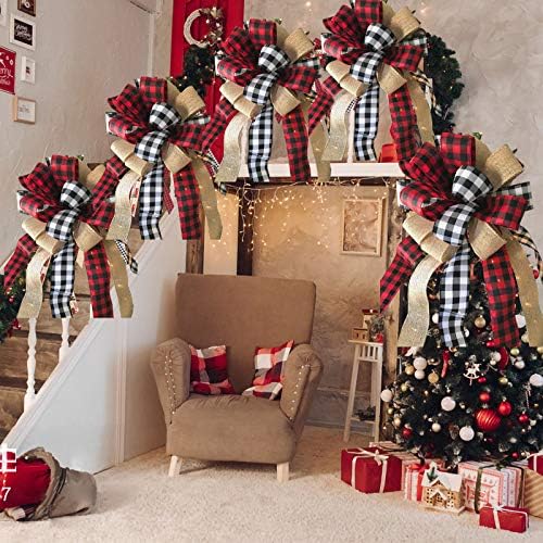 עץ חג המולד טופר גדול משובץ באפלו משובץ קשת מתנה אדומה ושחור לעץ חג המולד קישוטי מסיבת חג בעבודת יד -13 x 17 אינץ '
