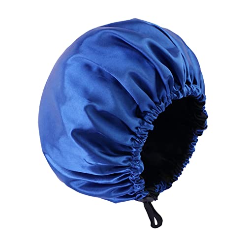 יג'ו נשים מצנפת סאטן, נשים מתאימות כיסוי ראש נושם נייד ללבוש מכסה מקלחת מכסה שכבה כפולה כובע שינה לשיער ישר ארוך, כחול