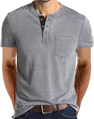 גברים של אביב ובקיץ חולצה כפתור עגול צוואר מוצק צבע חולצה קצר שרוולים כיס זכר למעלה השפל חולצה