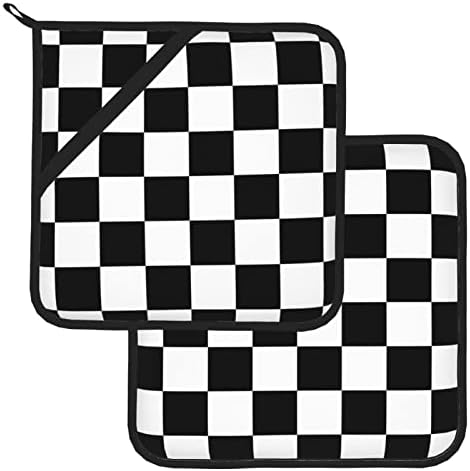 דגל משובץ מירוץ לבן שחור 2 מחזיקי סיר אריזות למחזיקי סיר עמידים בחום מטבח מגדירים תנור רפידות חמות מחזיקי סיר לבישול