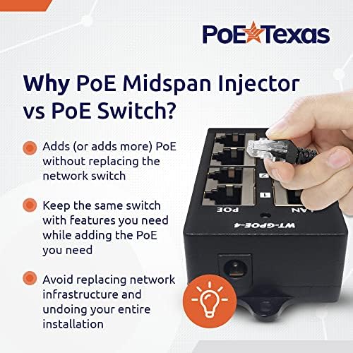 Poe Texas 4 Port Poe מזרק - Gigabit Passive Power Over Ethernet - 802.3AF או במזרק POE תואם עבור טלפונים VoIP, נקודות גישה WiFi, מצלמות IP - 4 יציאות נתונים + הפעלה