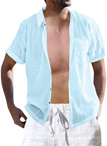 ZDDO כותנה פשתן כפתור מזדמן כפתור למטה חולצות לגברים, צווארון קיץ צווארון רגוע בכושר שרוול קצר חולצת חוף חולצה